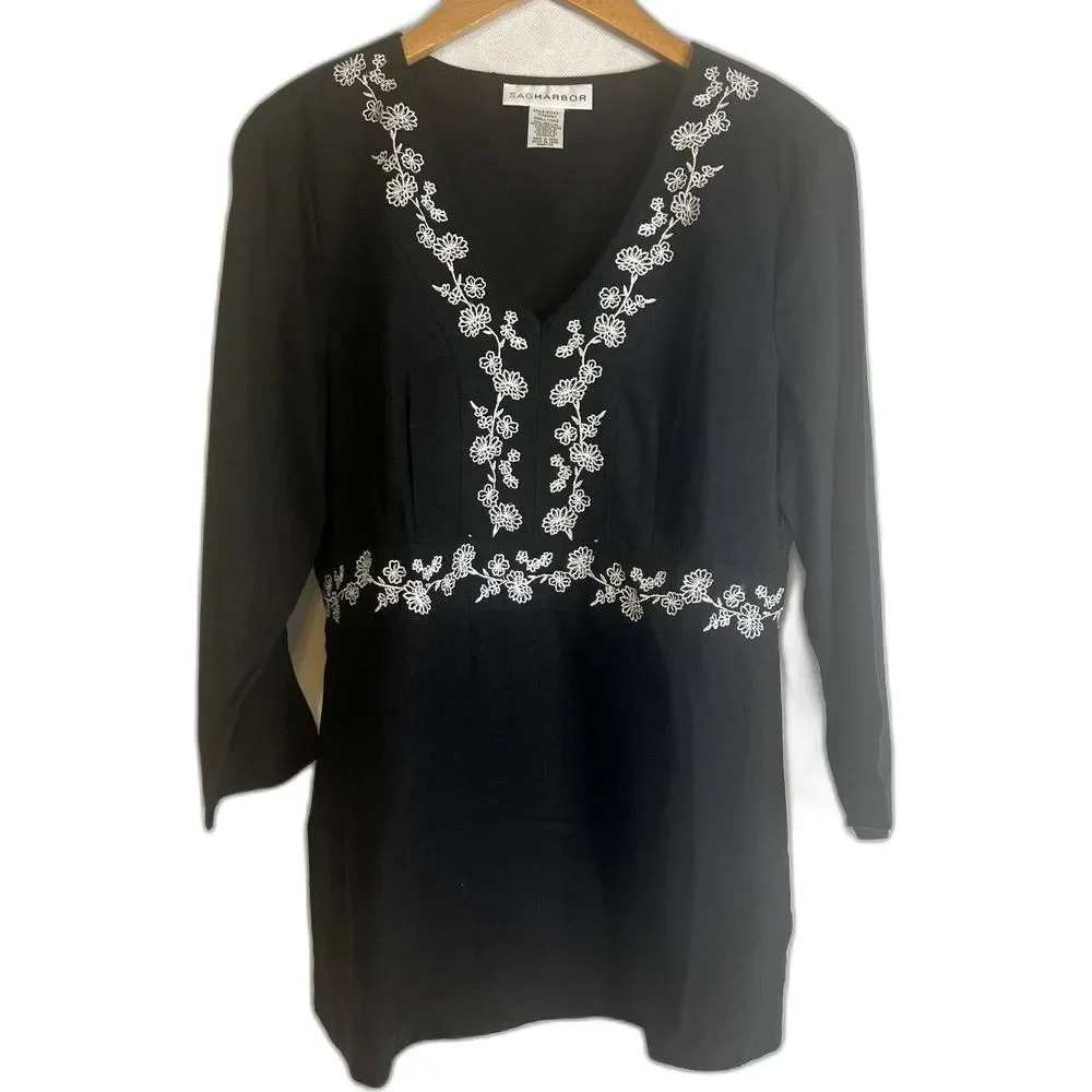 Sag Harbor Black Embroidered Floral Linen Blend Blouse‎ Size Small